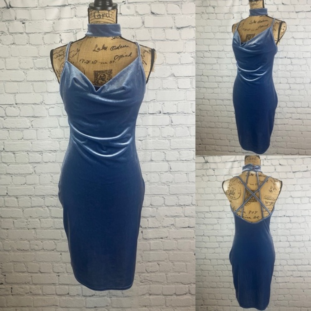Fashion Nova Shimmery Blue Velvet Choker Neck Strappy Back Dress